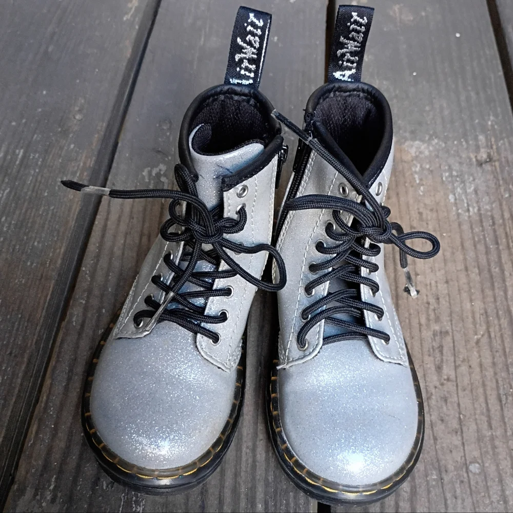 Dr. Martens Silver Glitter Patent Leather Combat Boots Yellow Stitch Toddler 9
